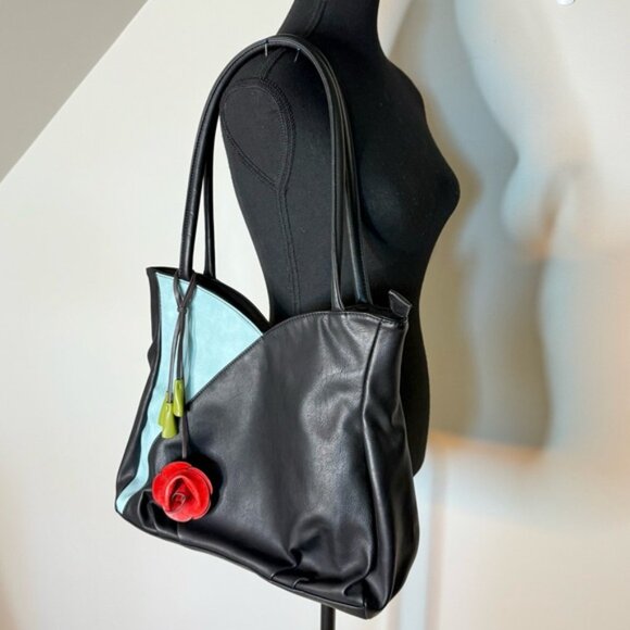 ESPE Blue Crystal Vegan Leather Shoulder Bag Red Rose Zipper Closure - Picture 3 of 9